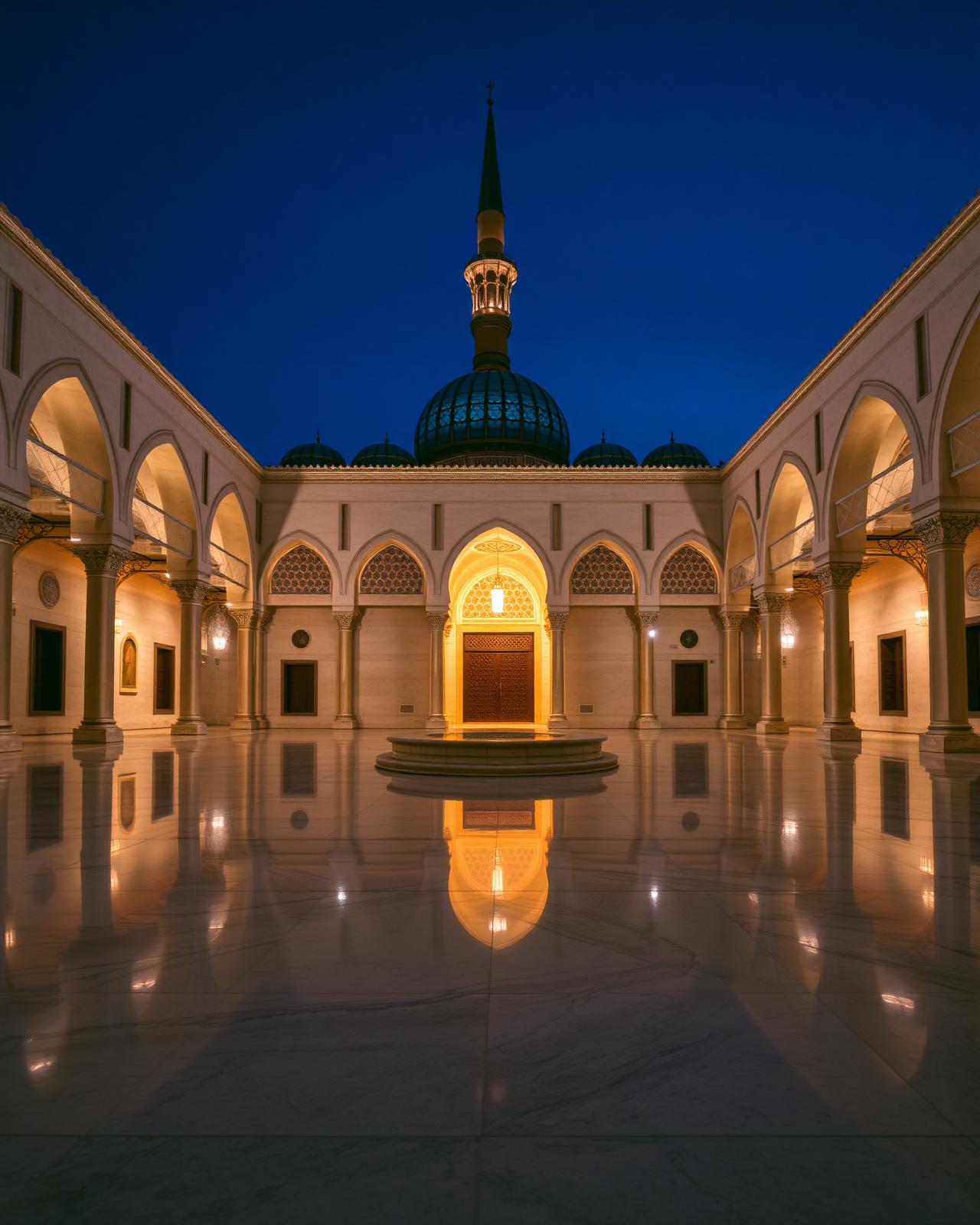 Umayyad Mosque courtyard in Damascus at blue hour