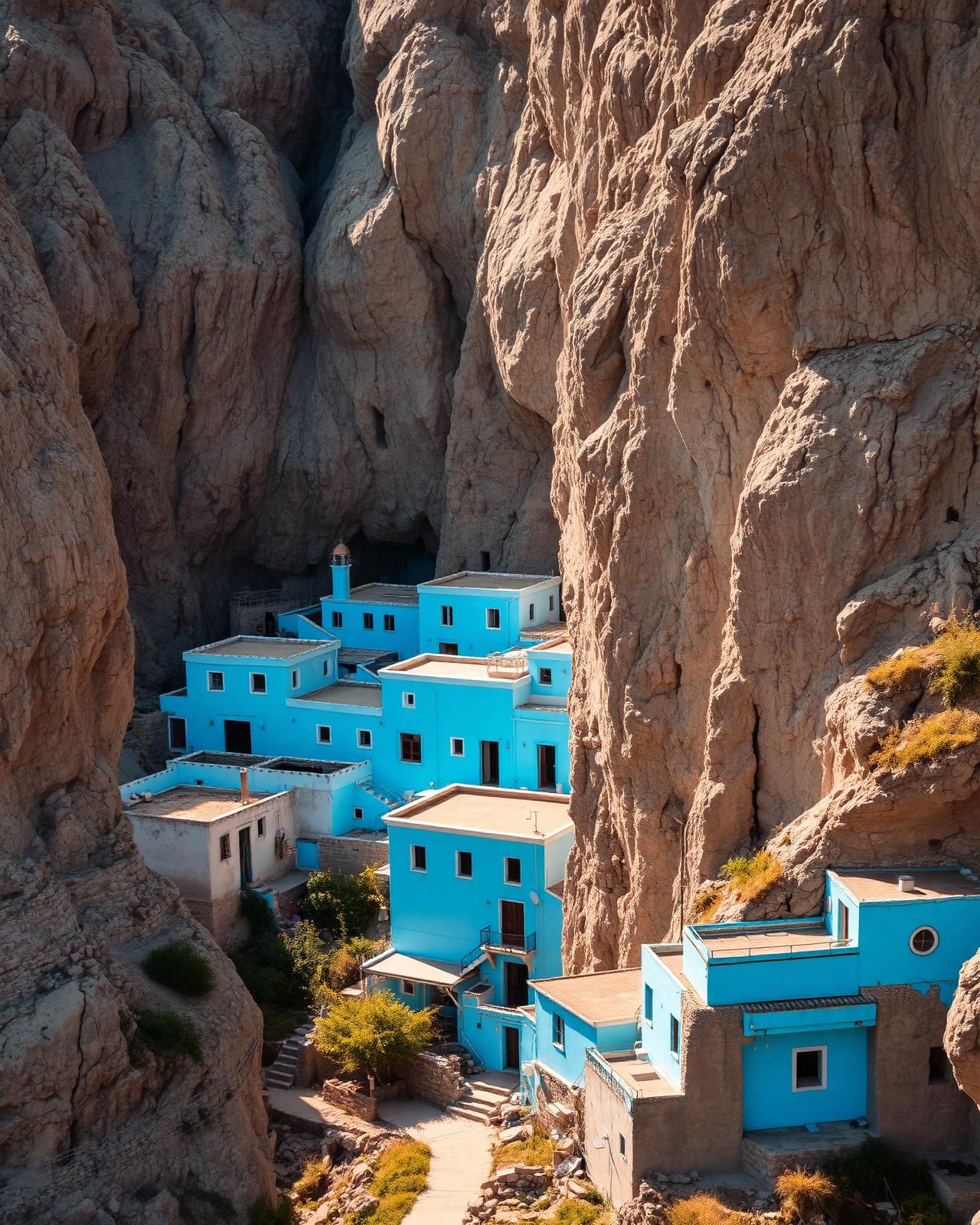 Blue houses of Maaloula in the Qalamoun mountains