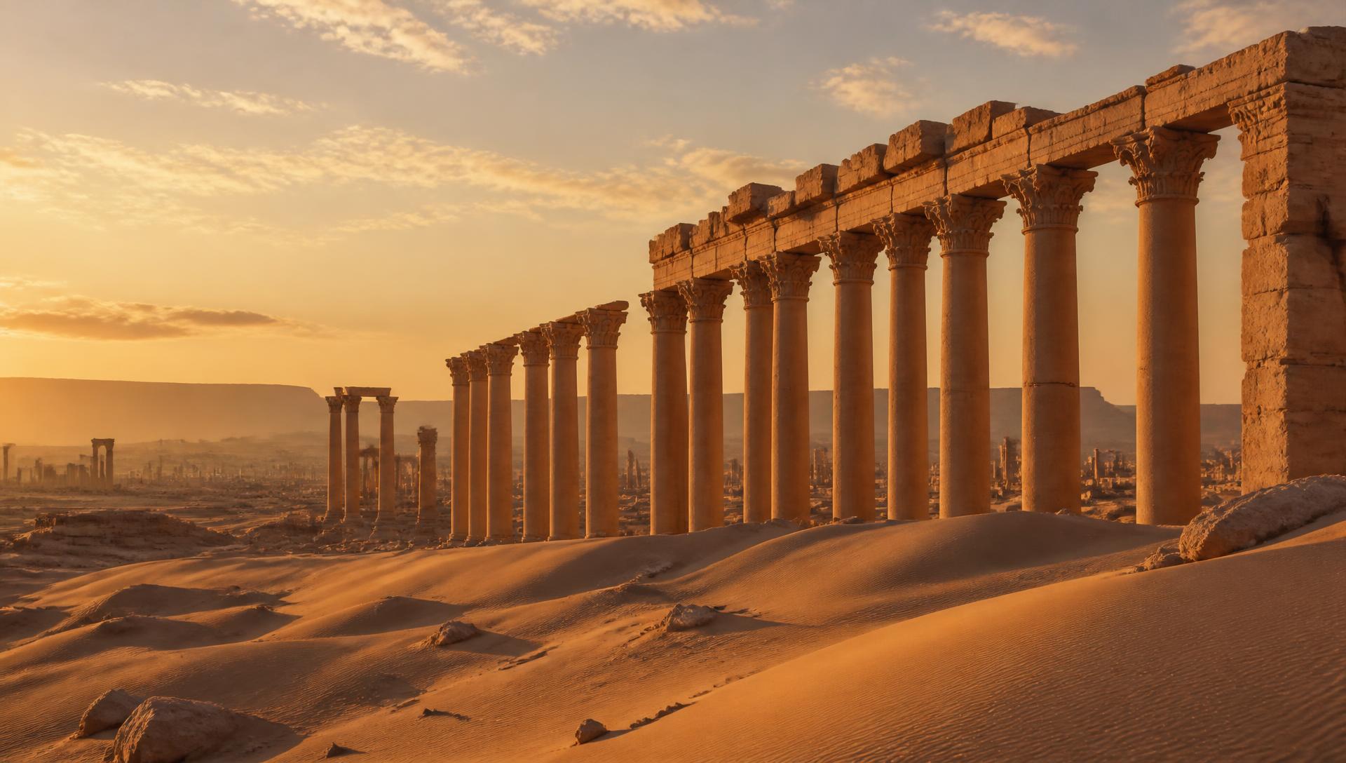 The colonnade of ancient Palmyra glowing at golden hour