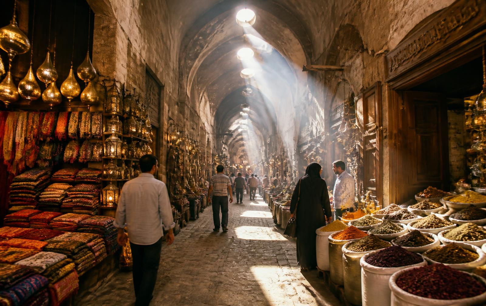 Sunbeams falling through the vaulted roof of a Damascus souq